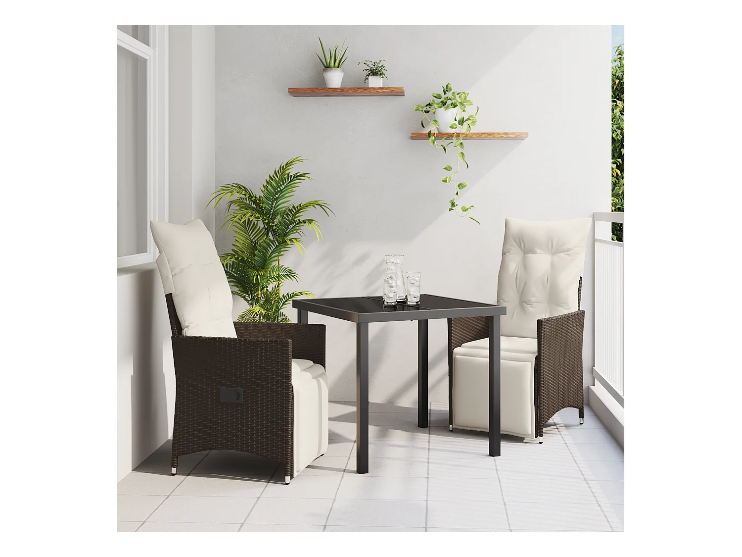 Ensemble de salle à manger de jardin 3 pièces avec coussins Marron Poly Rattan