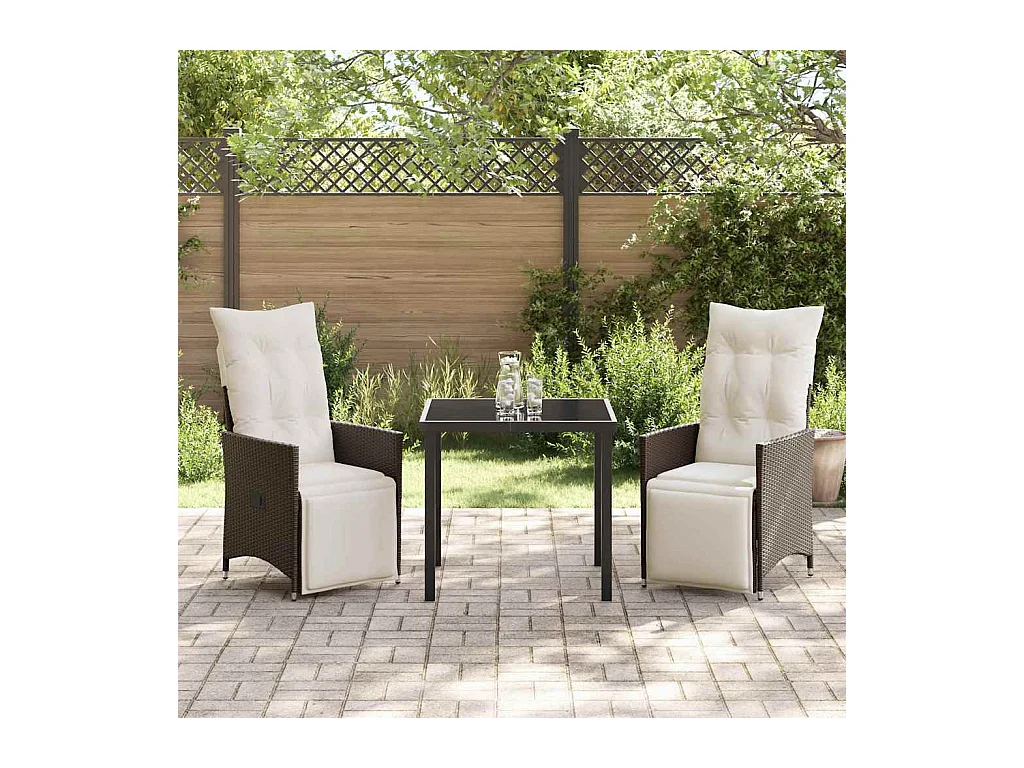Ensemble de salle à manger de jardin 3 pièces avec coussins Marron Poly Rattan