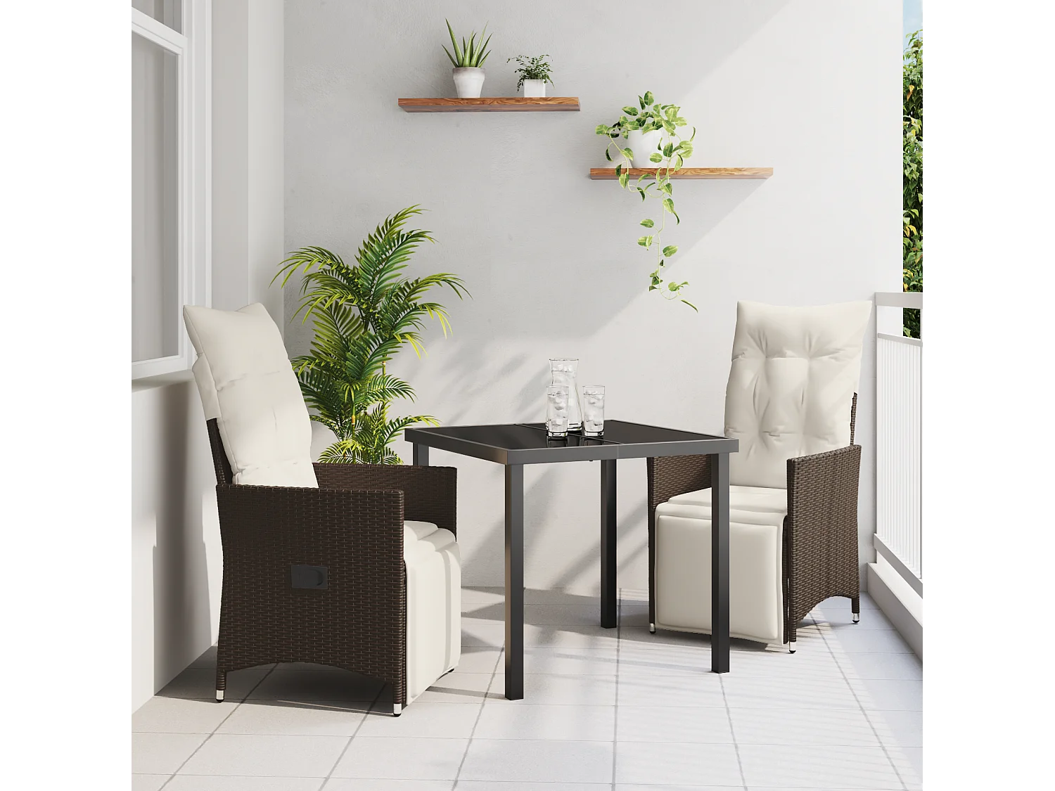 Ensemble de salle à manger de jardin 3 pièces avec coussins Marron Poly Rattan