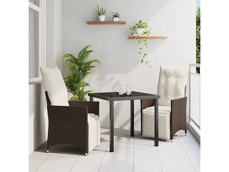 Ensemble de salle à manger de jardin 3 pièces avec coussins Marron Poly Rattan