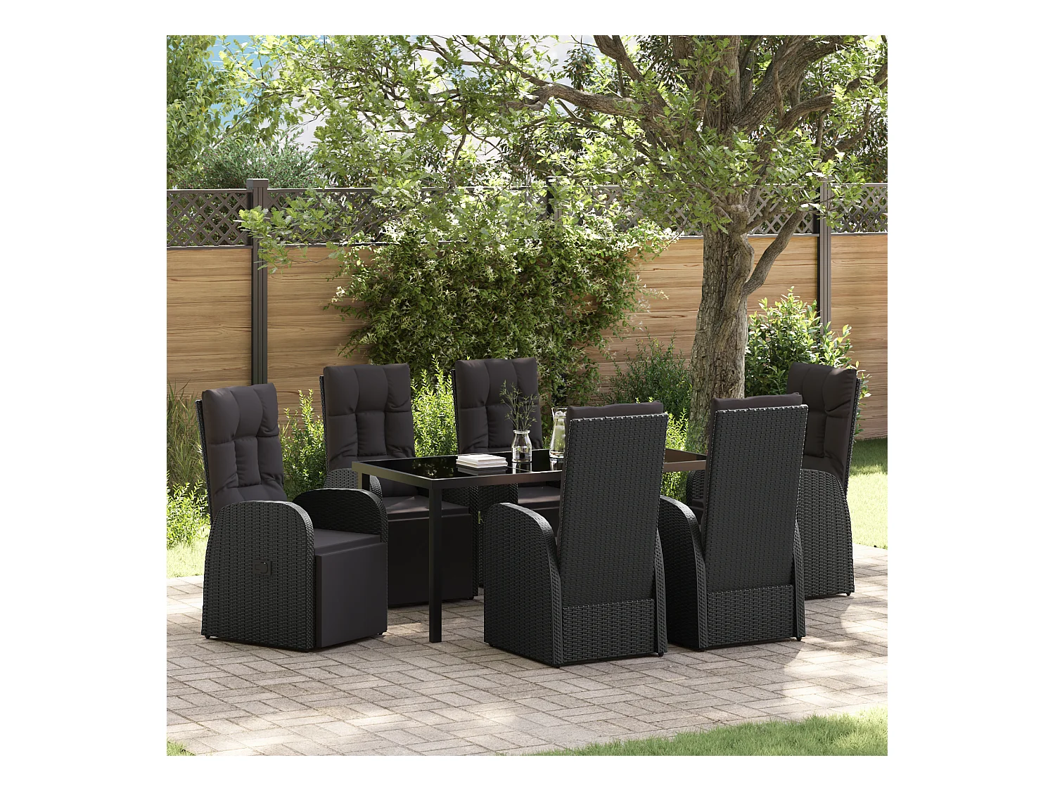 Set da cucina da giardino da 7 pezzi con cuscini in rattan nero PE