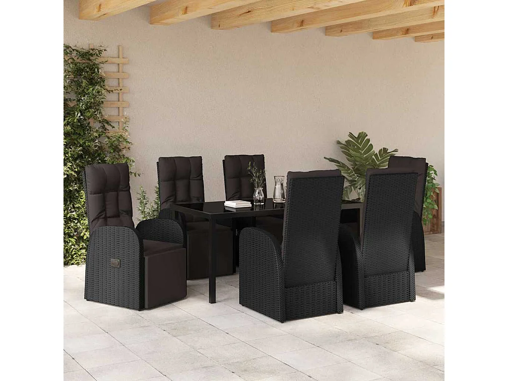 Set de 7 Pièces Cuisine de Jardin avec Coussins Noir Rattan PE