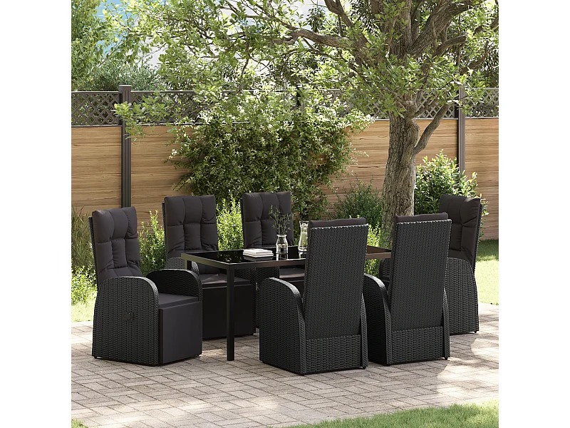 Set da cucina da giardino da 7 pezzi con cuscini in rattan nero PE