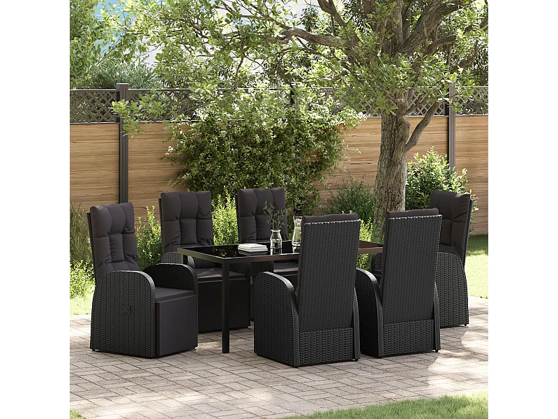 Set de 7 Pièces Cuisine de Jardin avec Coussins Noir Rattan PE