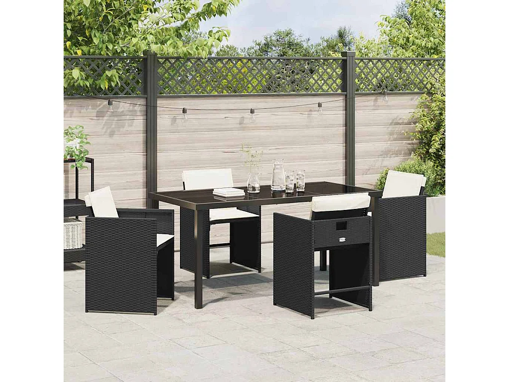 Ensemble de salle à manger de jardin de 5 pièces avec coussins en poly rotin noir