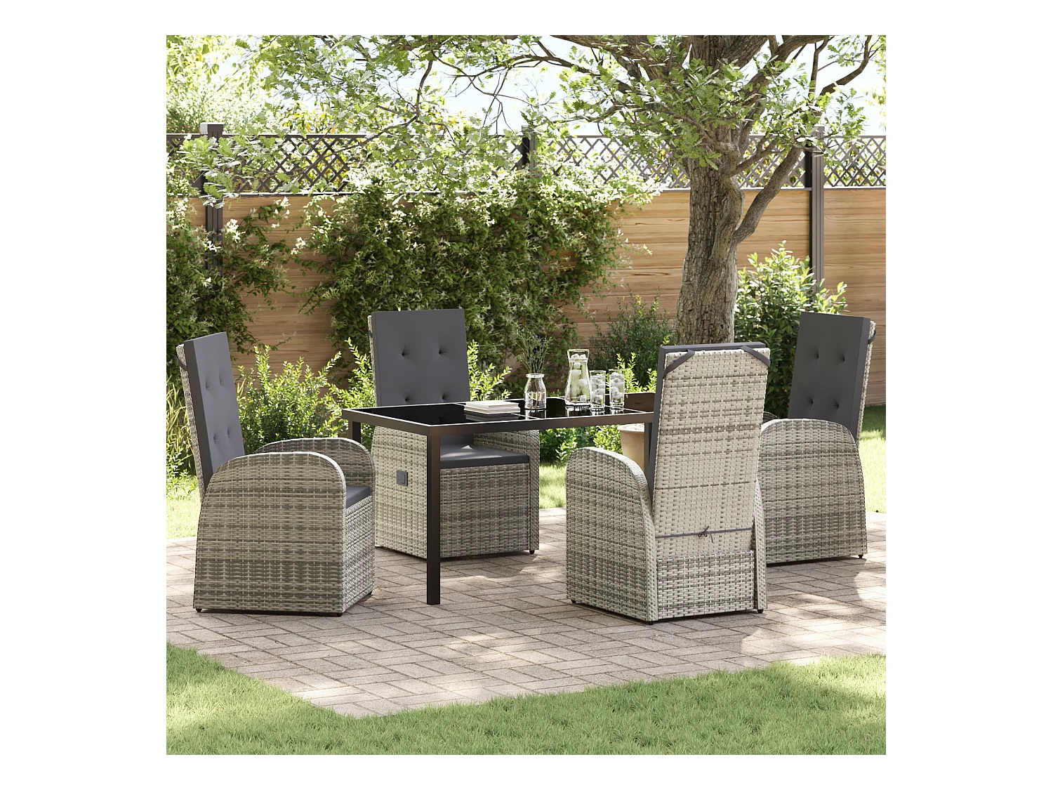 Set da pranzo da giardino da 5 pezzi con cuscini in polyrattan grigio