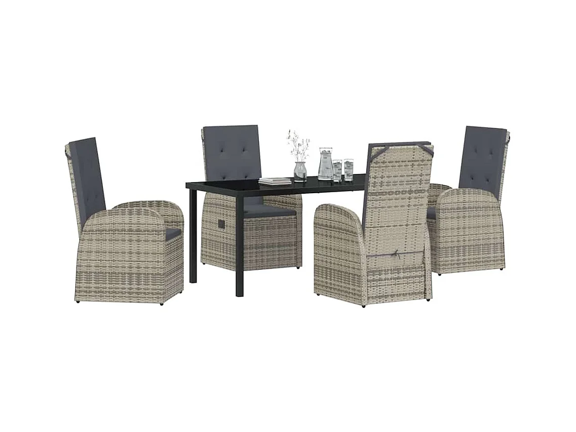 Set da pranzo da giardino da 5 pezzi con cuscini in polyrattan grigio