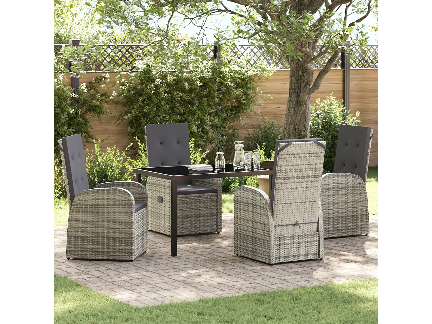 Set de salle à manger de jardin 5 pièces avec coussins en poly rattan gris