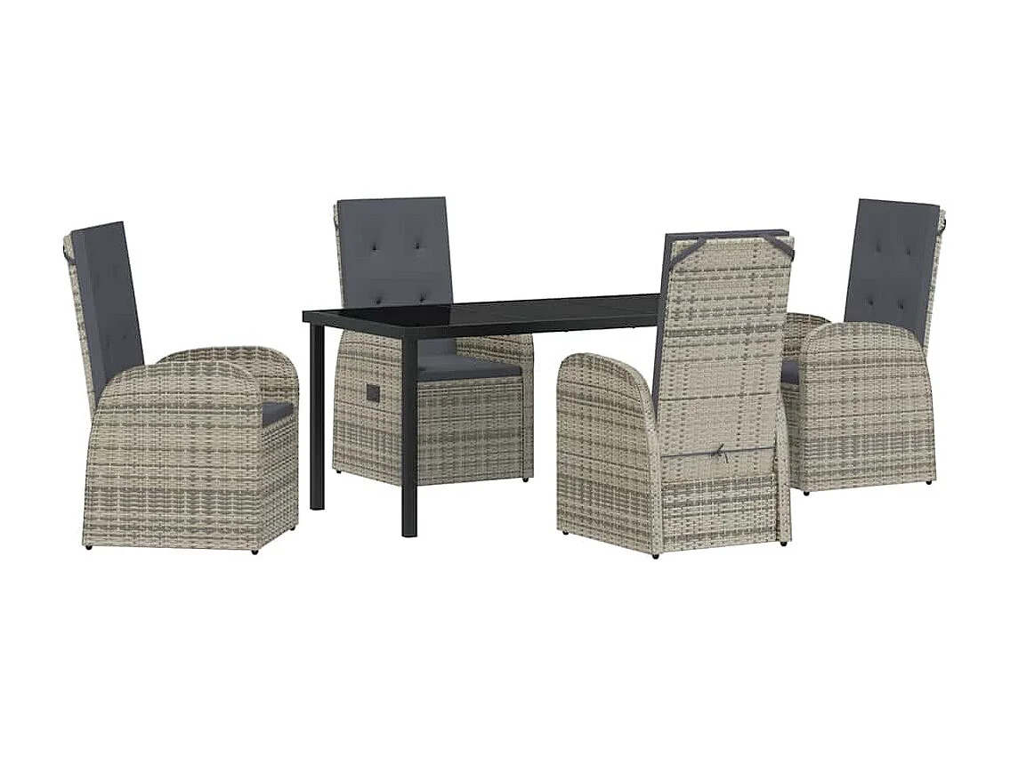 Set de salle à manger de jardin 5 pièces avec coussins en poly rattan gris