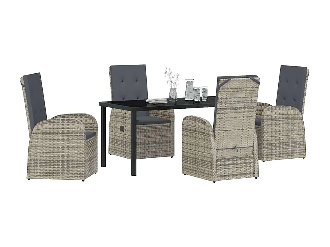 Set de salle à manger de jardin 5 pièces avec coussins en poly rattan gris