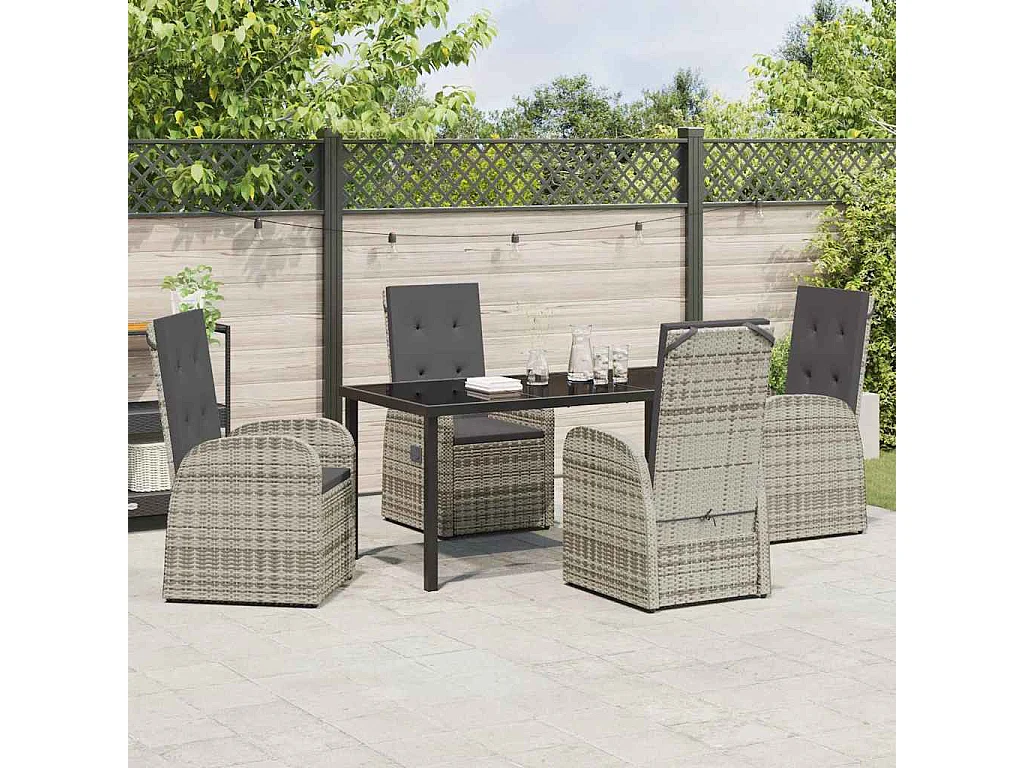 Set de salle à manger de jardin 5 pièces avec coussins en poly rattan gris