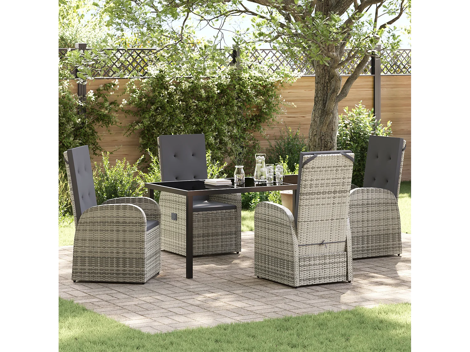 Set da pranzo da giardino da 5 pezzi con cuscini in polyrattan grigio