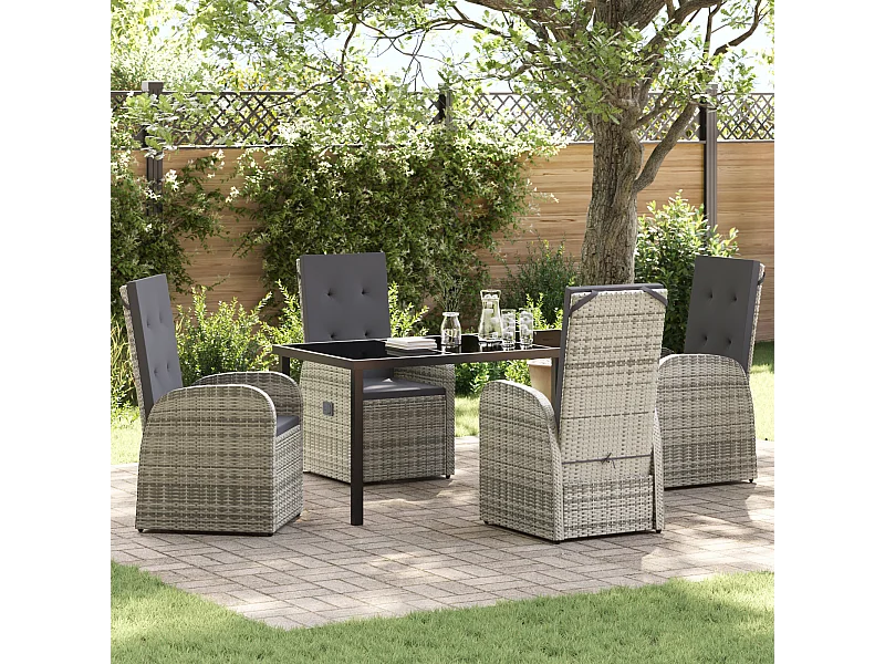 Set da pranzo da giardino da 5 pezzi con cuscini in polyrattan grigio