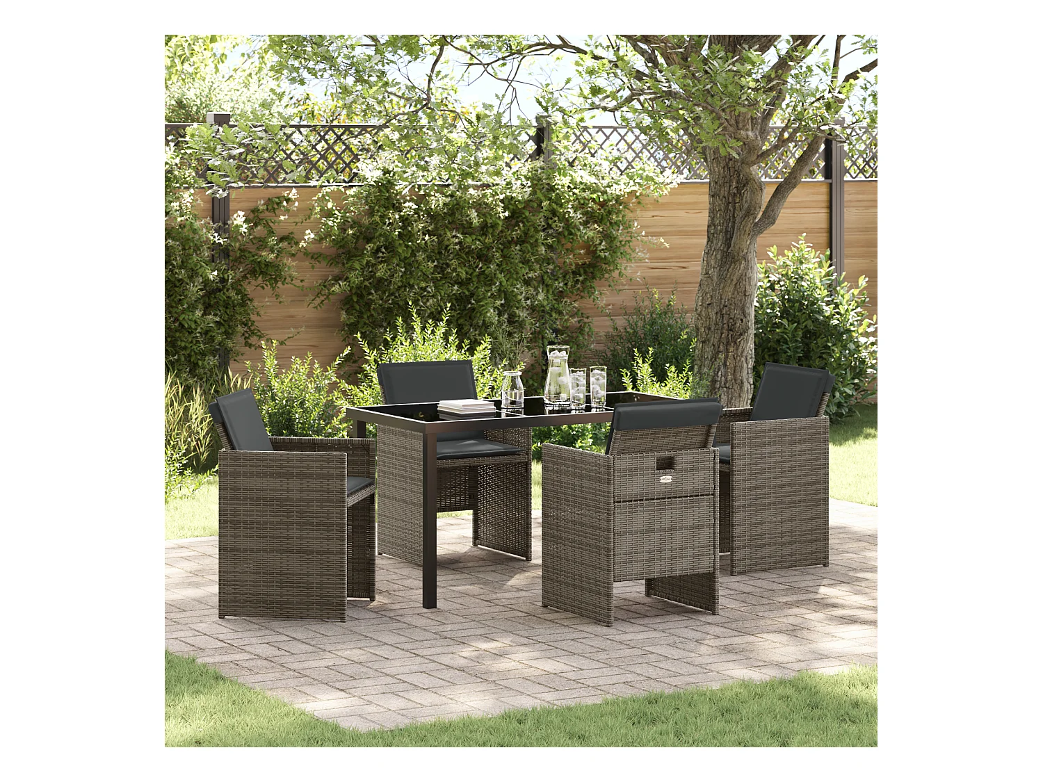 Set da giardino da 5 pezzi con cuscini in polyrattan grigio