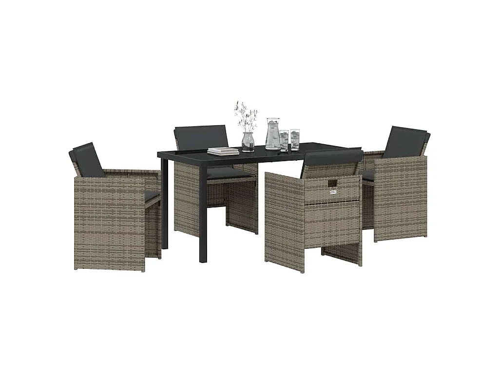 5-teiliges Gartenset mit grauen Polyrattan-Kissen