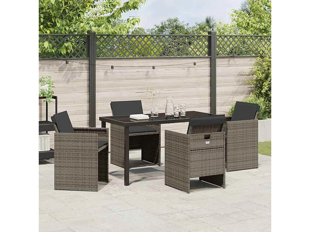 5-teiliges Gartenset mit grauen Polyrattan-Kissen