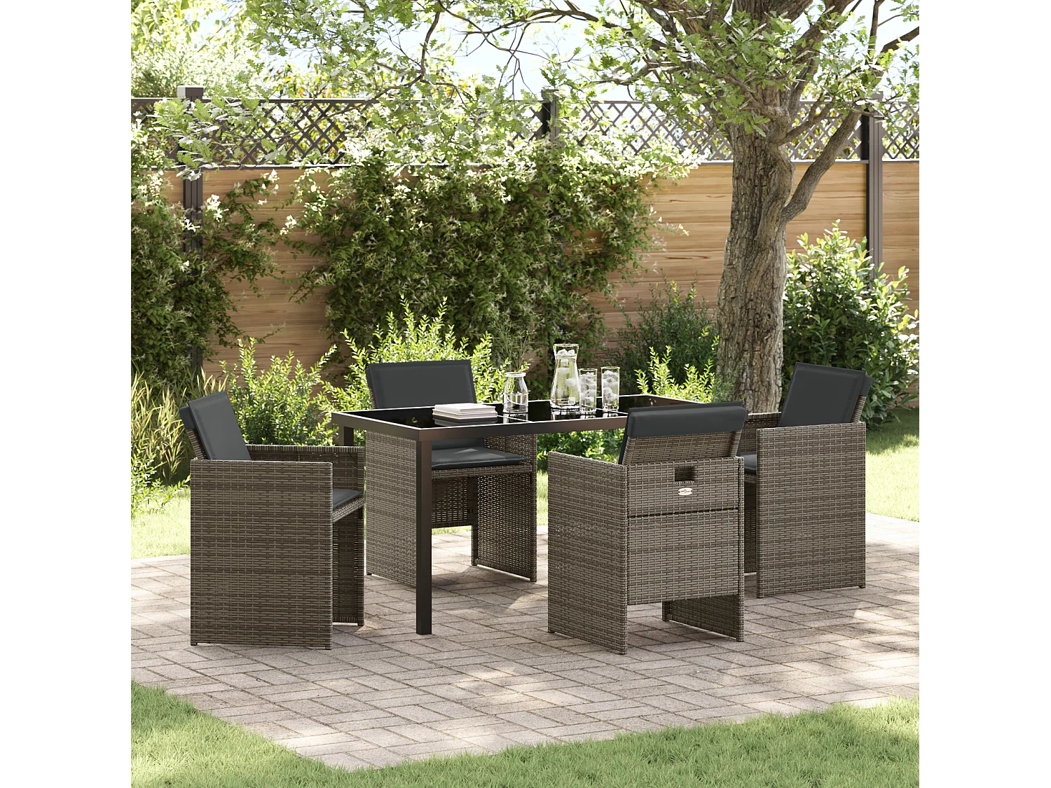 Ensemble de jardin de 5 pièces avec coussins en rattan poly gris