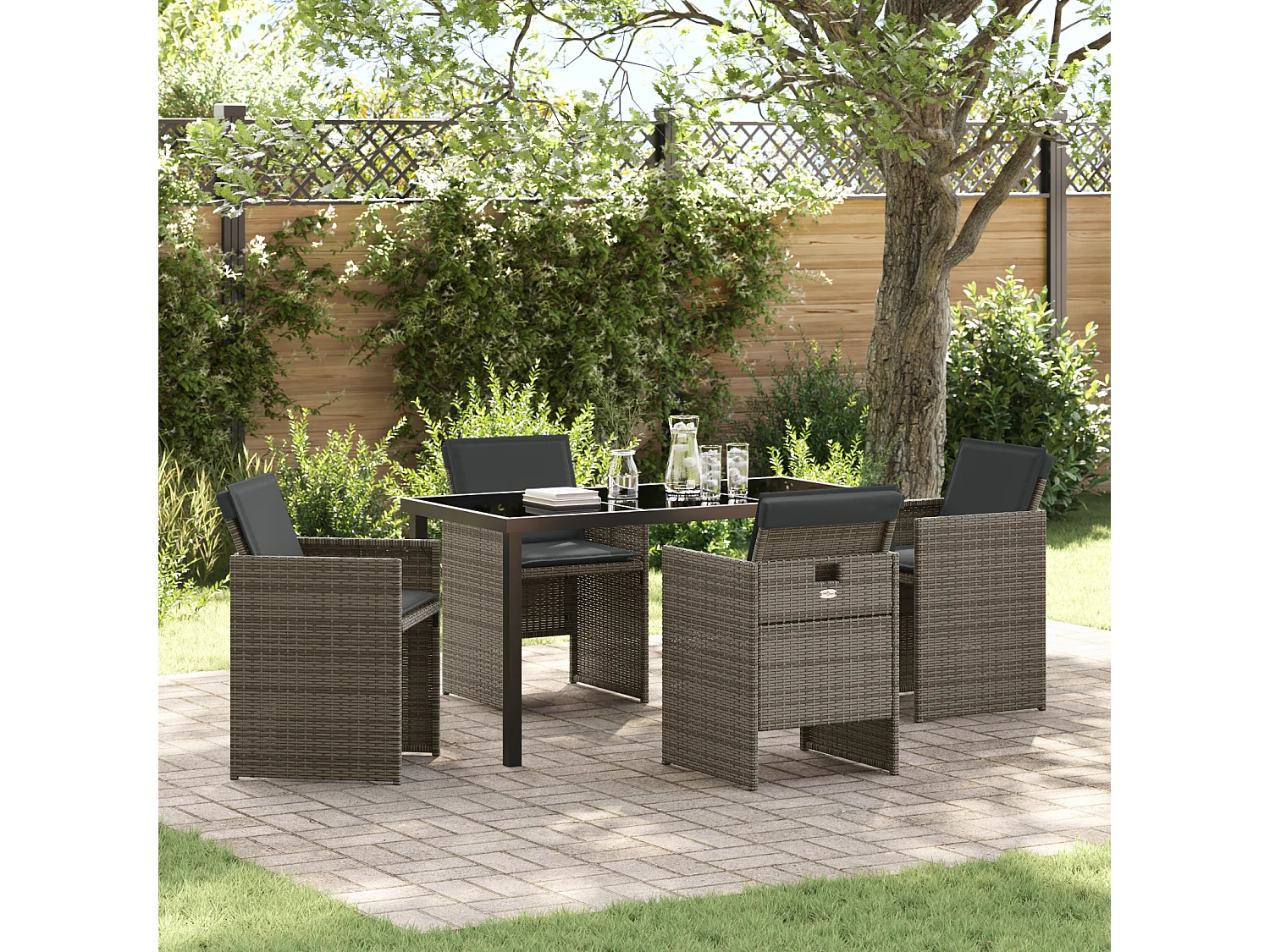 5-teiliges Gartenset mit grauen Polyrattan-Kissen