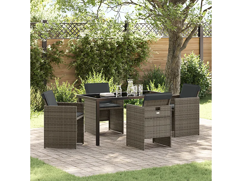 Set da giardino da 5 pezzi con cuscini in polyrattan grigio