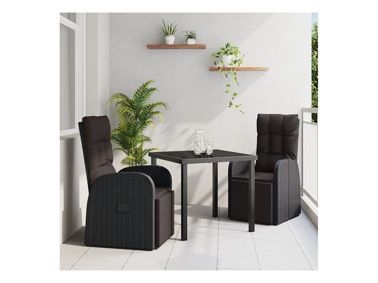 Set da pranzo da giardino 3 pezzi con cuscini in polyrattan nero