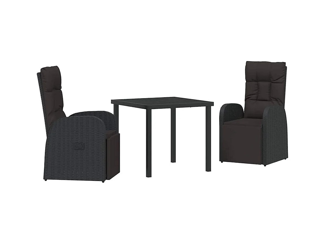 Set da pranzo da giardino 3 pezzi con cuscini in polyrattan nero