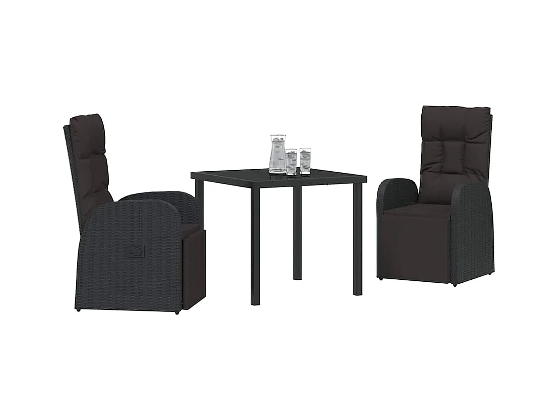 Set da pranzo da giardino 3 pezzi con cuscini in polyrattan nero