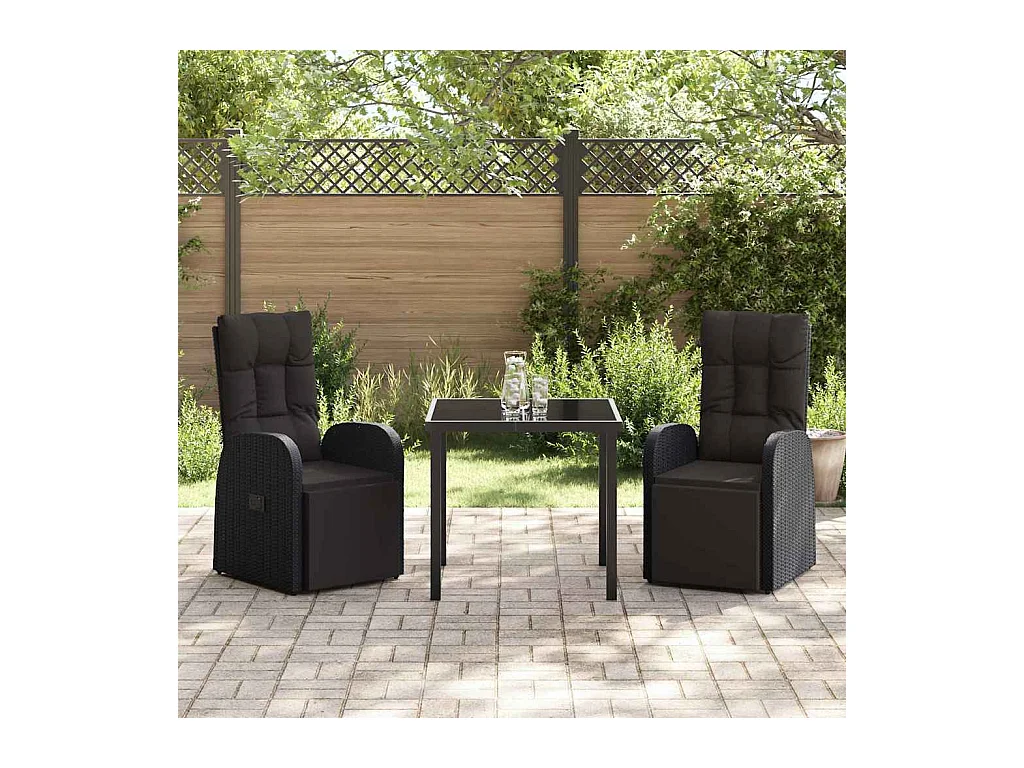 Set da pranzo da giardino 3 pezzi con cuscini in polyrattan nero