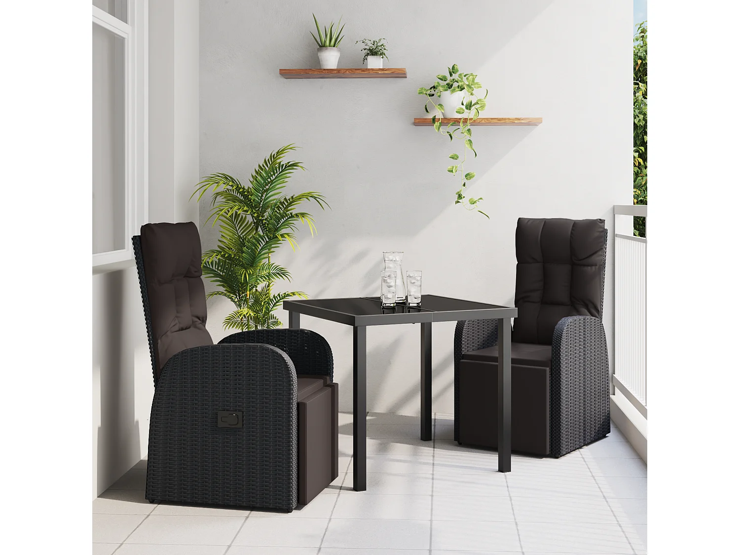 Ensemble de 3 pièces de salle à manger de jardin avec coussins en rotin poly noir