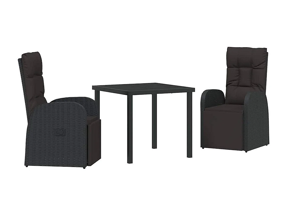 Ensemble de 3 pièces de salle à manger de jardin avec coussins en rotin poly noir