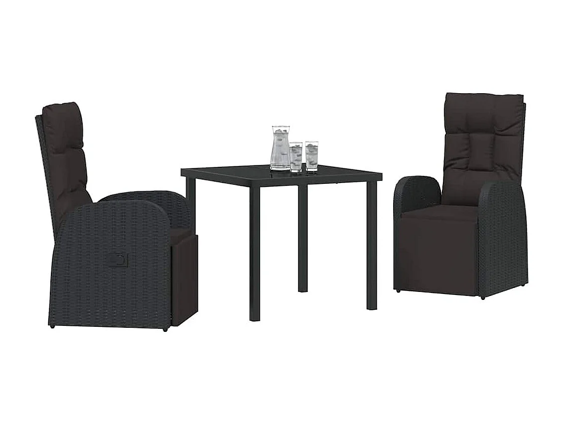 Ensemble de 3 pièces de salle à manger de jardin avec coussins en rotin poly noir