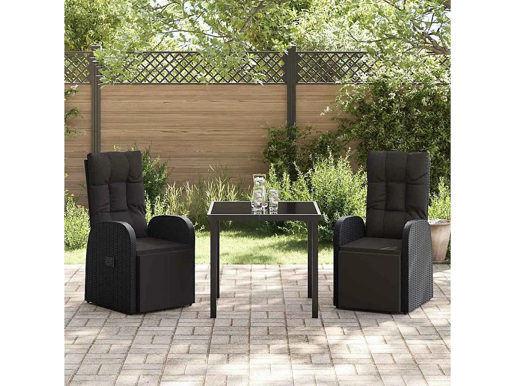 Ensemble de 3 pièces de salle à manger de jardin avec coussins en rotin poly noir