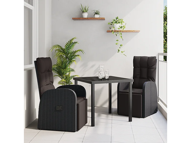 Set da pranzo da giardino 3 pezzi con cuscini in polyrattan nero