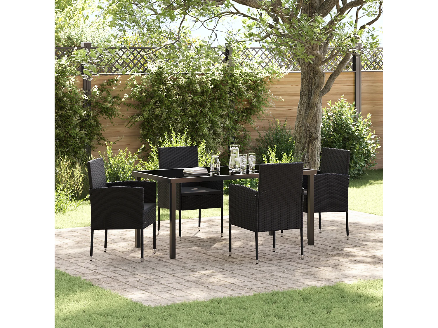 Ensemble de Salle à Manger de Jardin 5 Pièces avec Coussins Noir Poly Rattan