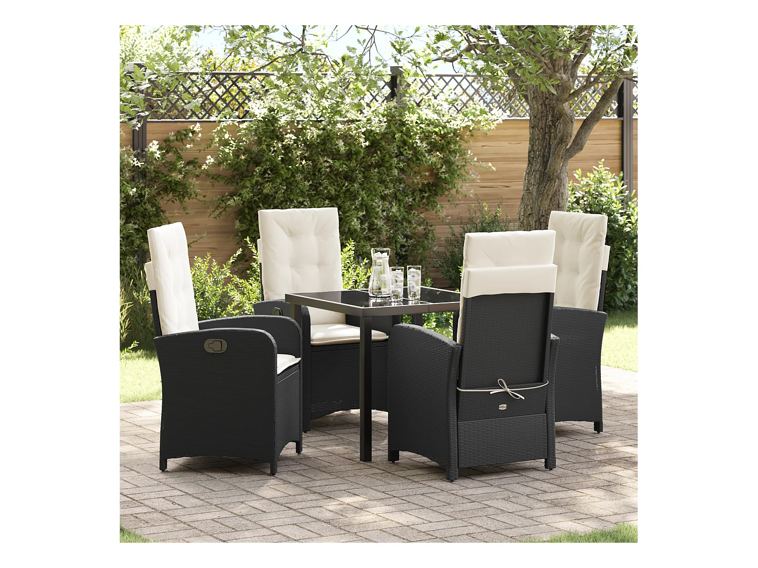 Set da pranzo da giardino 5 pezzi con cuscini in polyrattan nero