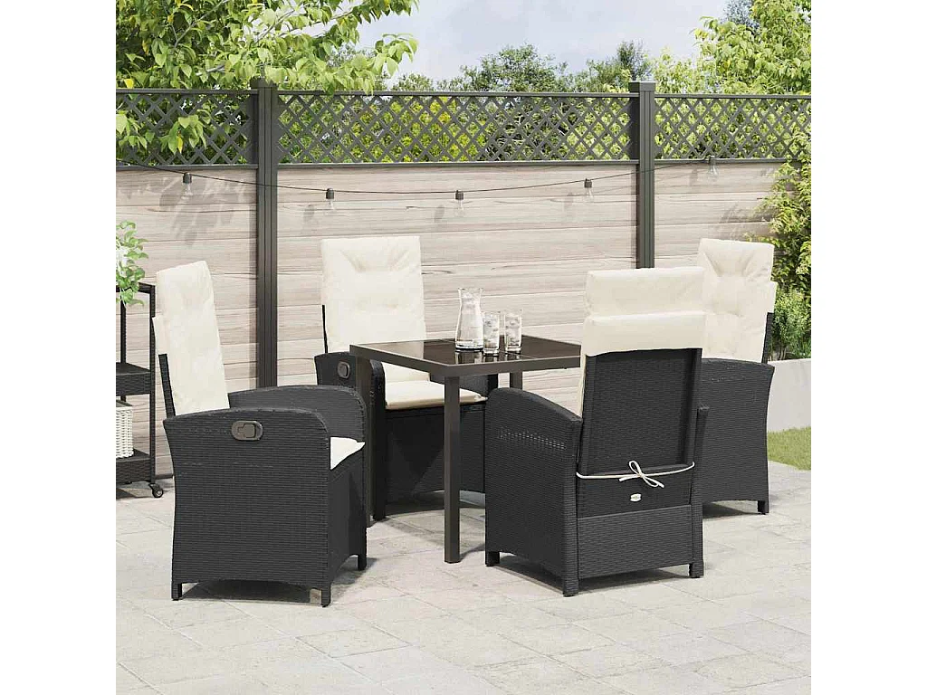 Ensemble de Salle à Manger de Jardin 5 Pièces avec Coussins en Rattan Poly Noir