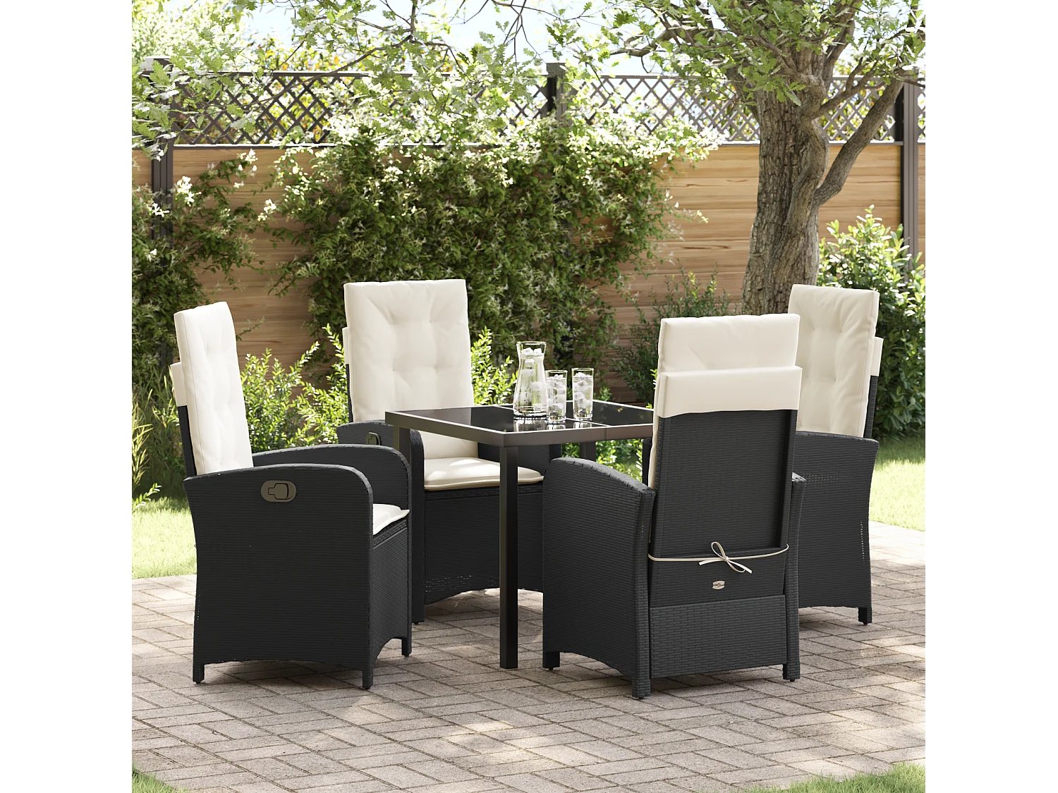 Ensemble de Salle à Manger de Jardin 5 Pièces avec Coussins en Rattan Poly Noir