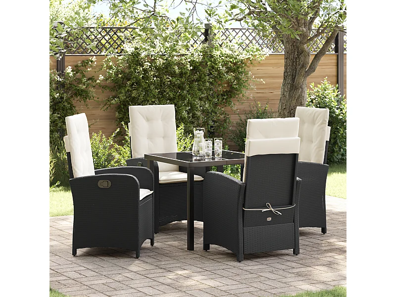 Ensemble de Salle à Manger de Jardin 5 Pièces avec Coussins en Rattan Poly Noir
