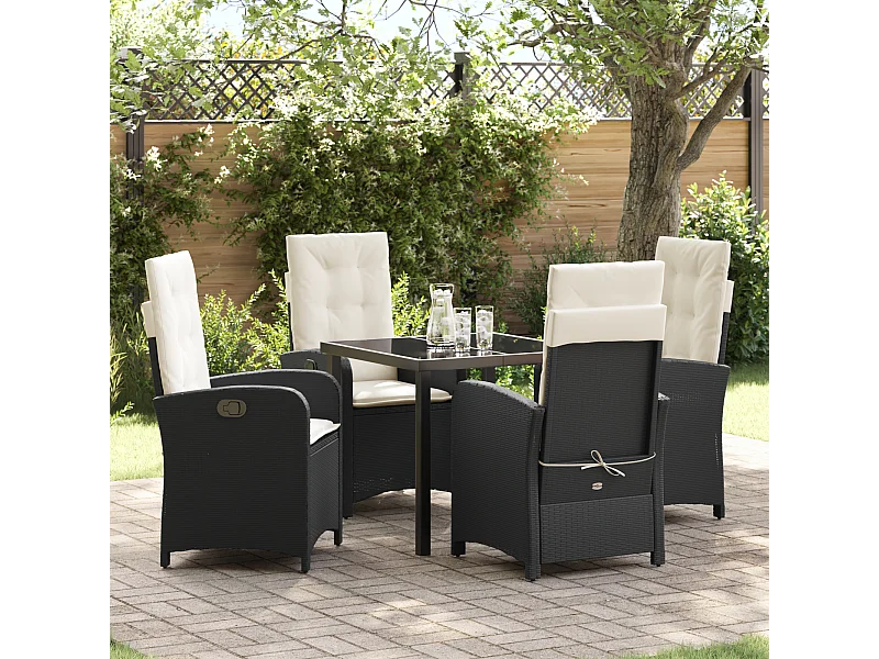 Ensemble de Salle à Manger de Jardin 5 Pièces avec Coussins en Rattan Poly Noir