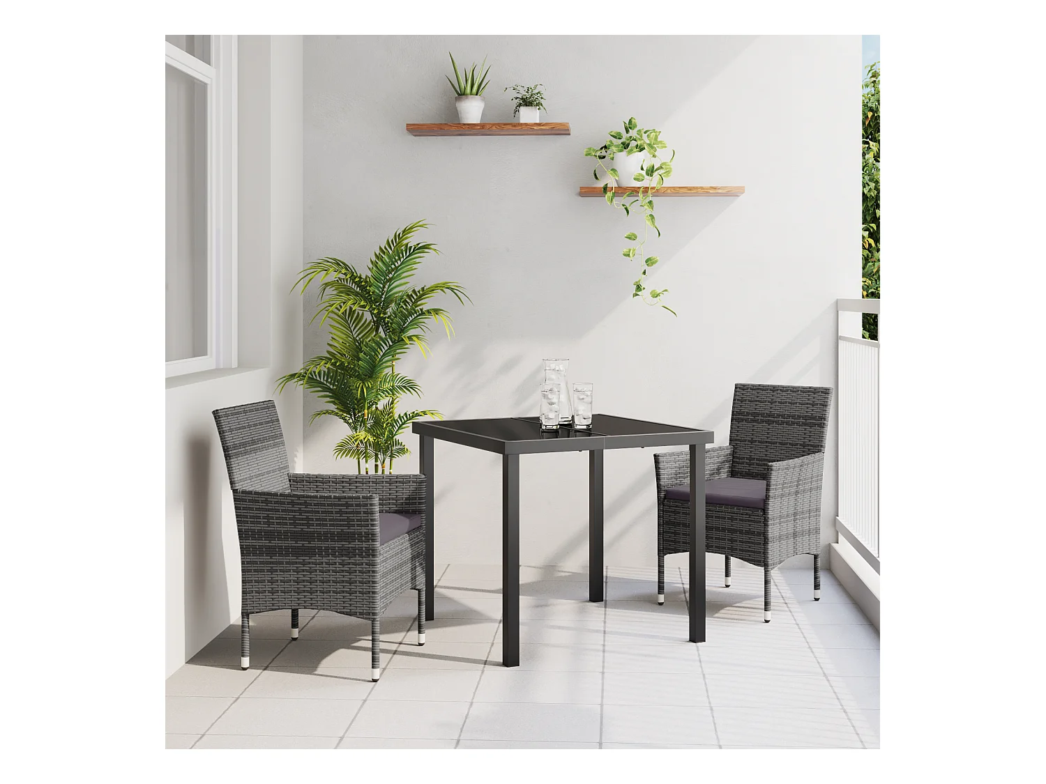 Ensemble de Salle à Manger de Jardin 3 Pièces en Rotin PE Gris