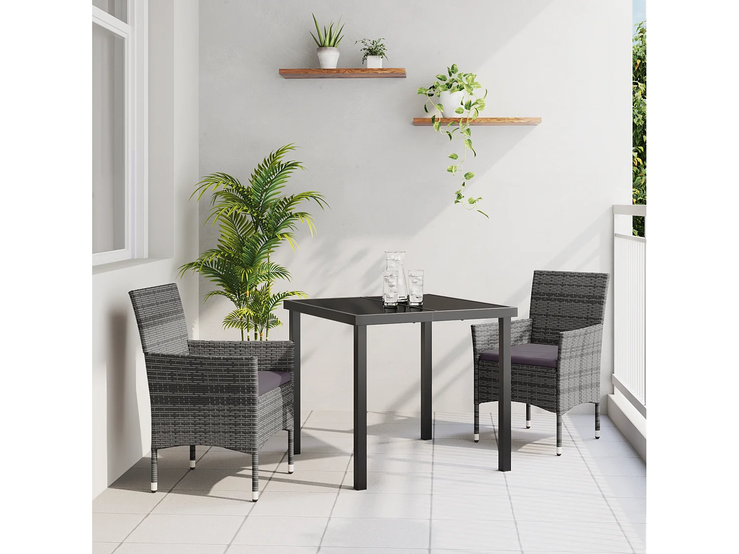 Ensemble de Salle à Manger de Jardin 3 Pièces en Rotin PE Gris