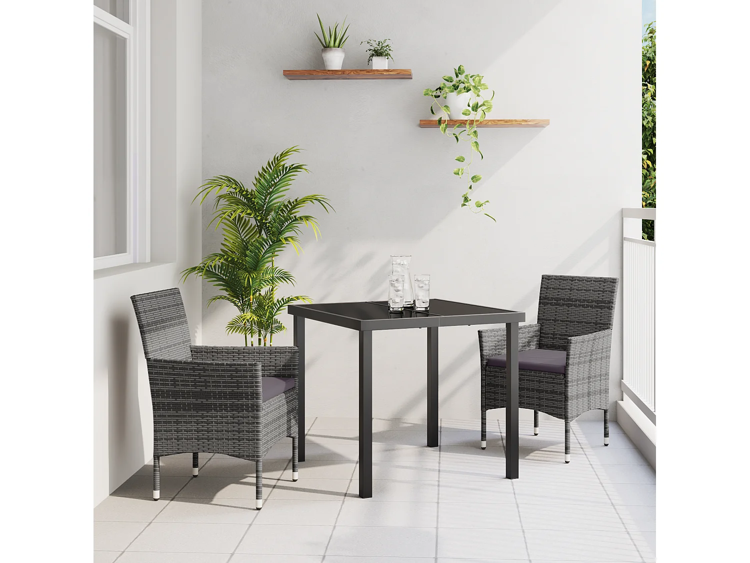 Ensemble de Salle à Manger de Jardin 3 Pièces en Rotin PE Gris