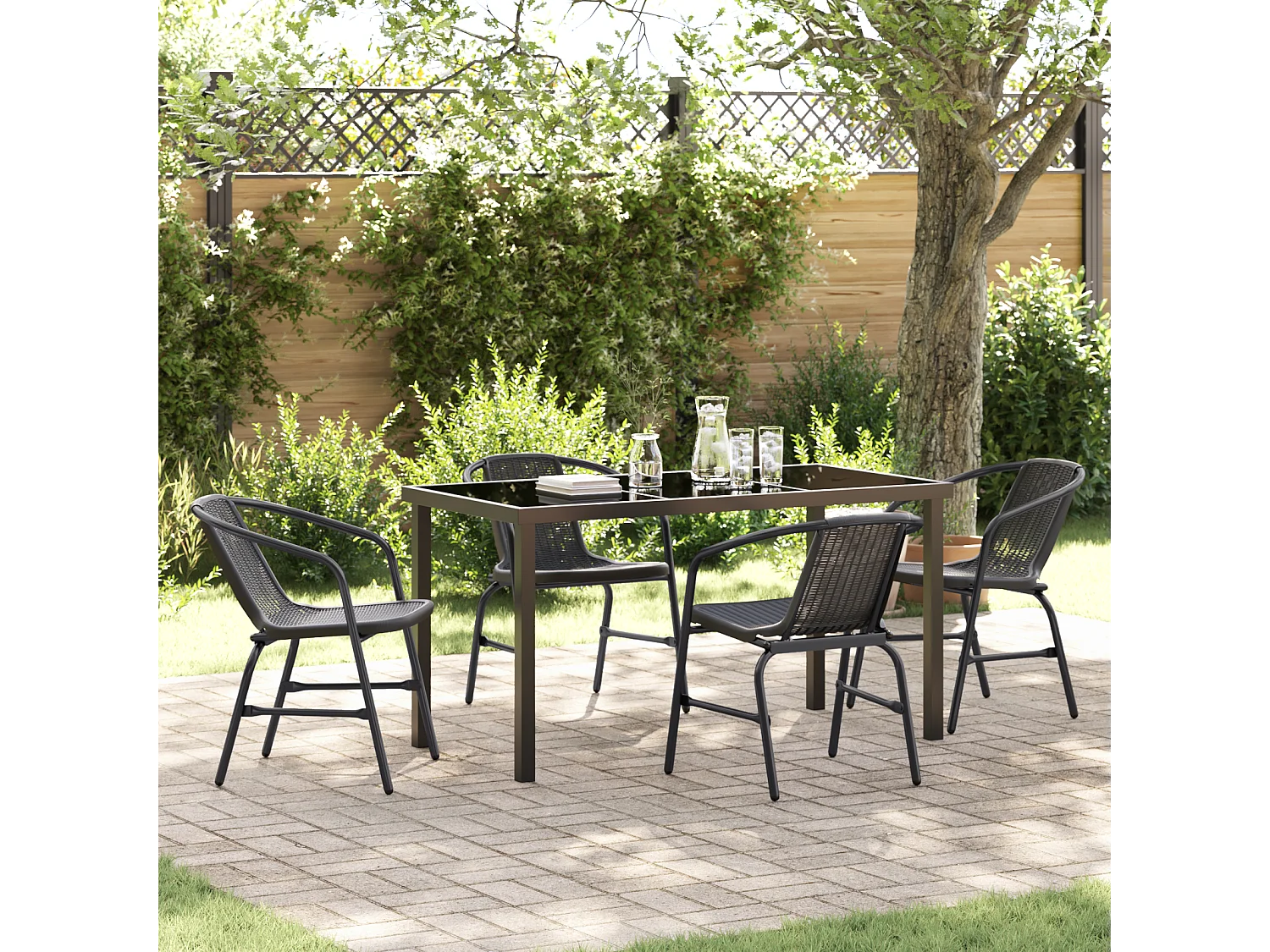 Set da pranzo da giardino in polyrattan nero da 5 pezzi