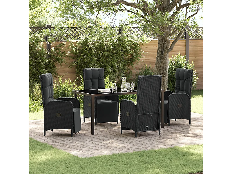 Set da pranzo da giardino 5 pezzi con cuscini in polyrattan nero