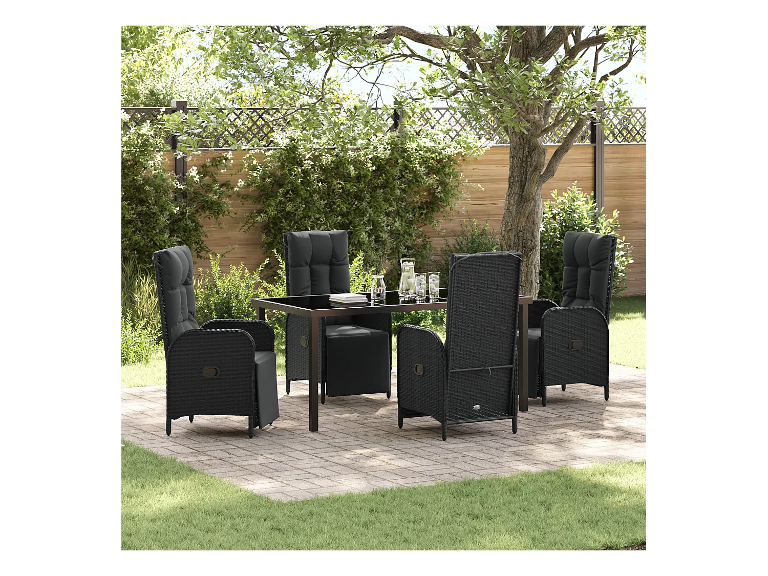 Set da pranzo da giardino 5 pezzi con cuscini in polyrattan nero