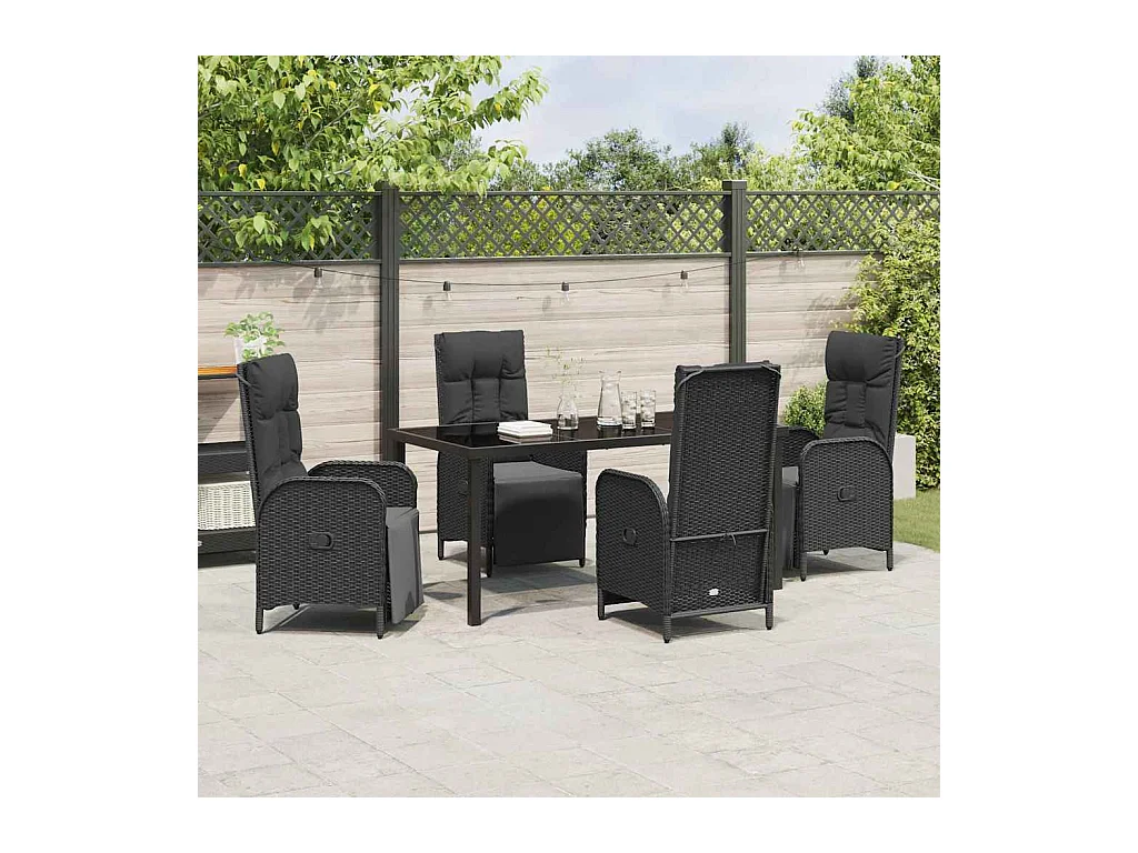 Set da pranzo da giardino 5 pezzi con cuscini in polyrattan nero