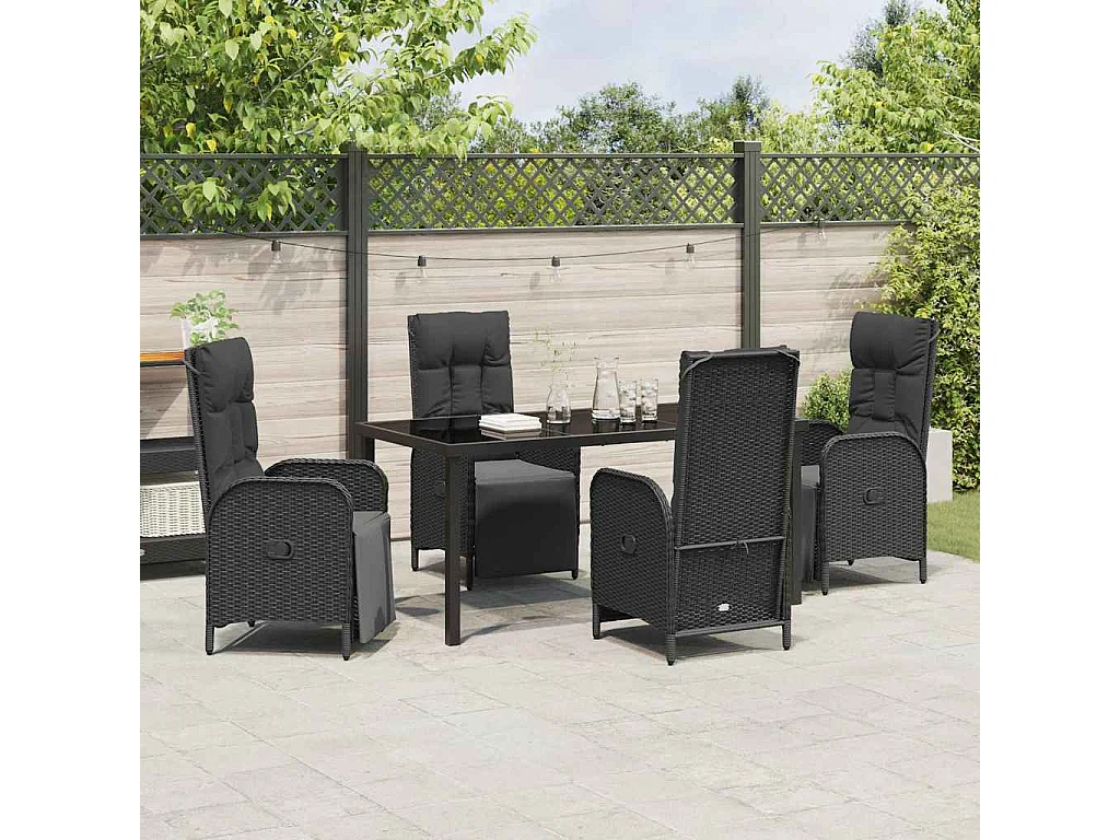 Ensemble de salle à manger de jardin 5 pièces avec coussins Noir Poly Rattan