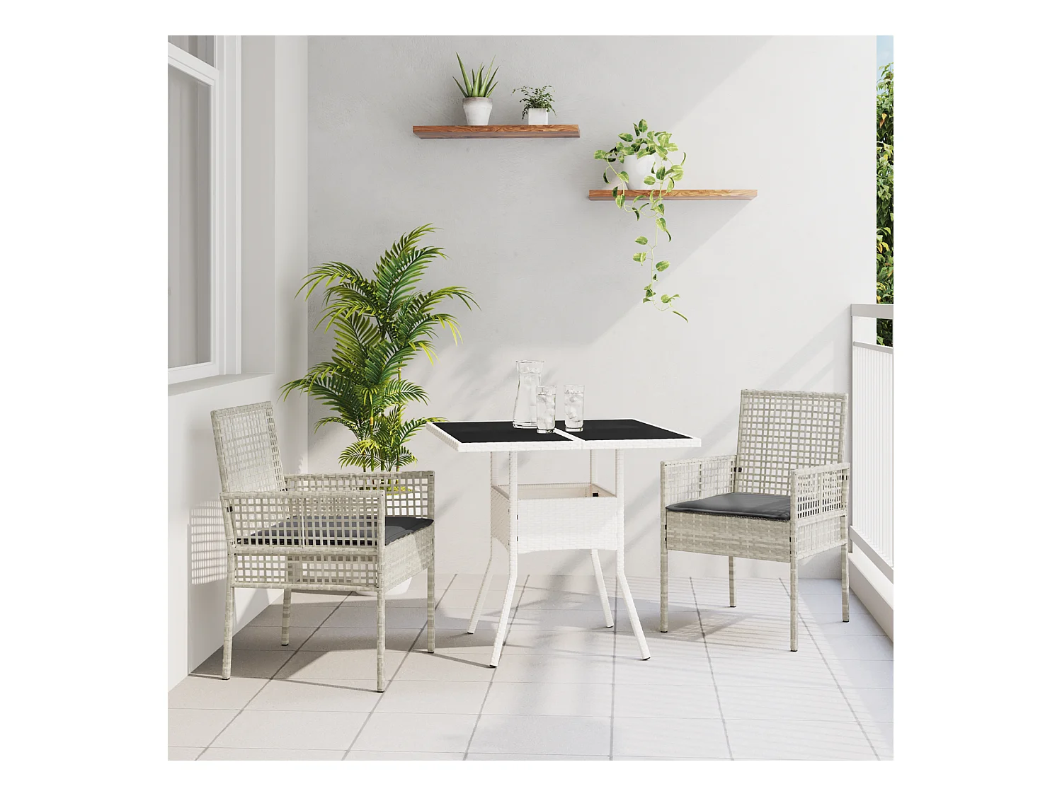 Set da pranzo da giardino in polyrattan grigio chiaro da 3 pezzi