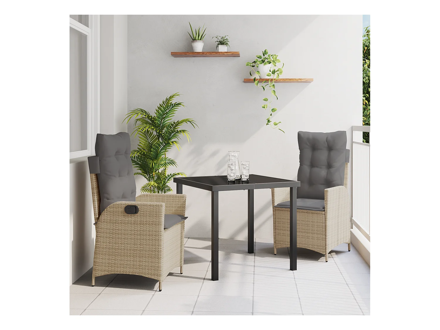 Ensemble de salle à manger de jardin 3 pièces avec coussins beige poly rotin