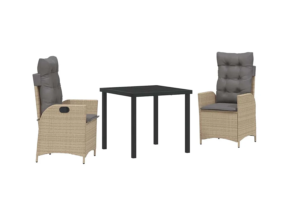 Ensemble de salle à manger de jardin 3 pièces avec coussins beige poly rotin