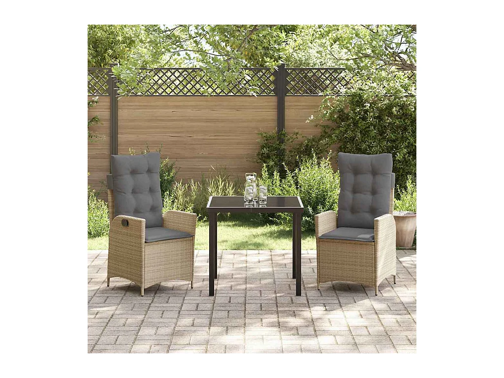 Ensemble de salle à manger de jardin 3 pièces avec coussins beige poly rotin